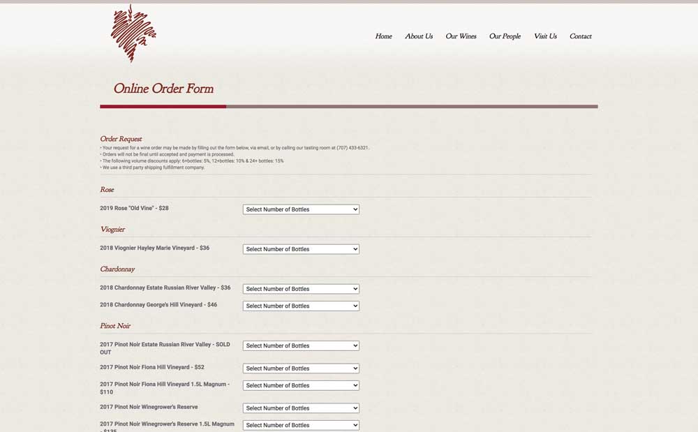 Porter Creek Order Form Page